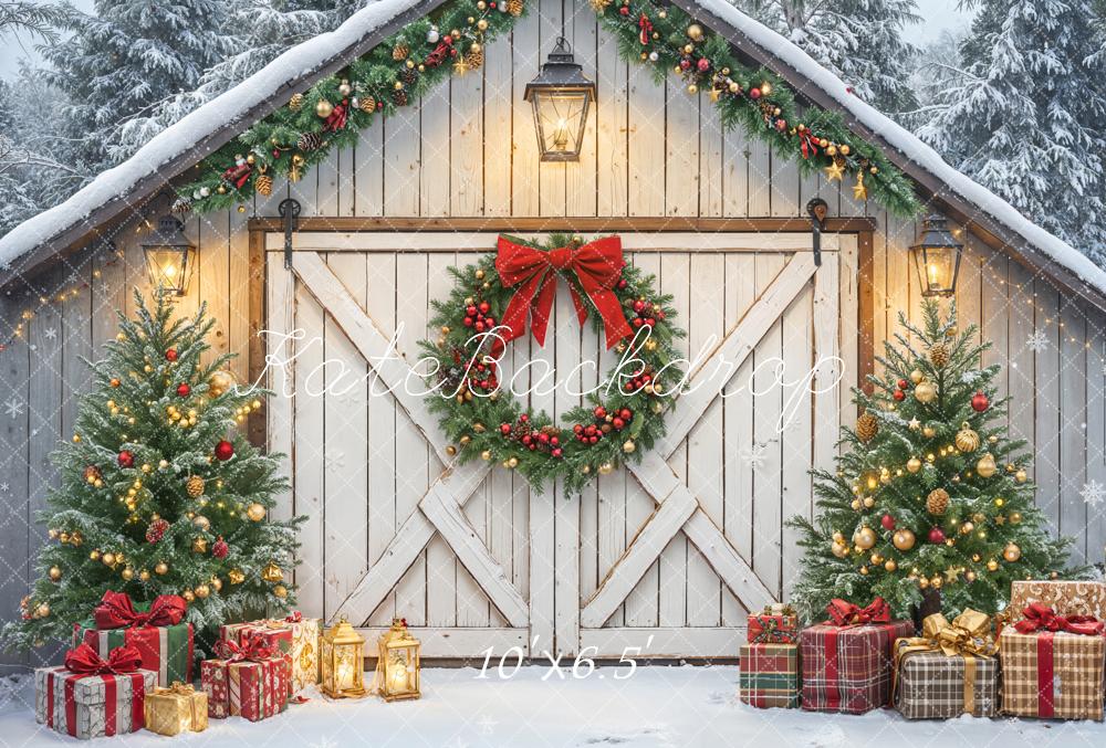 Kate Christmas Barn Door Wreath Trees Fleece Backdrop Designed by Emetselch -UK