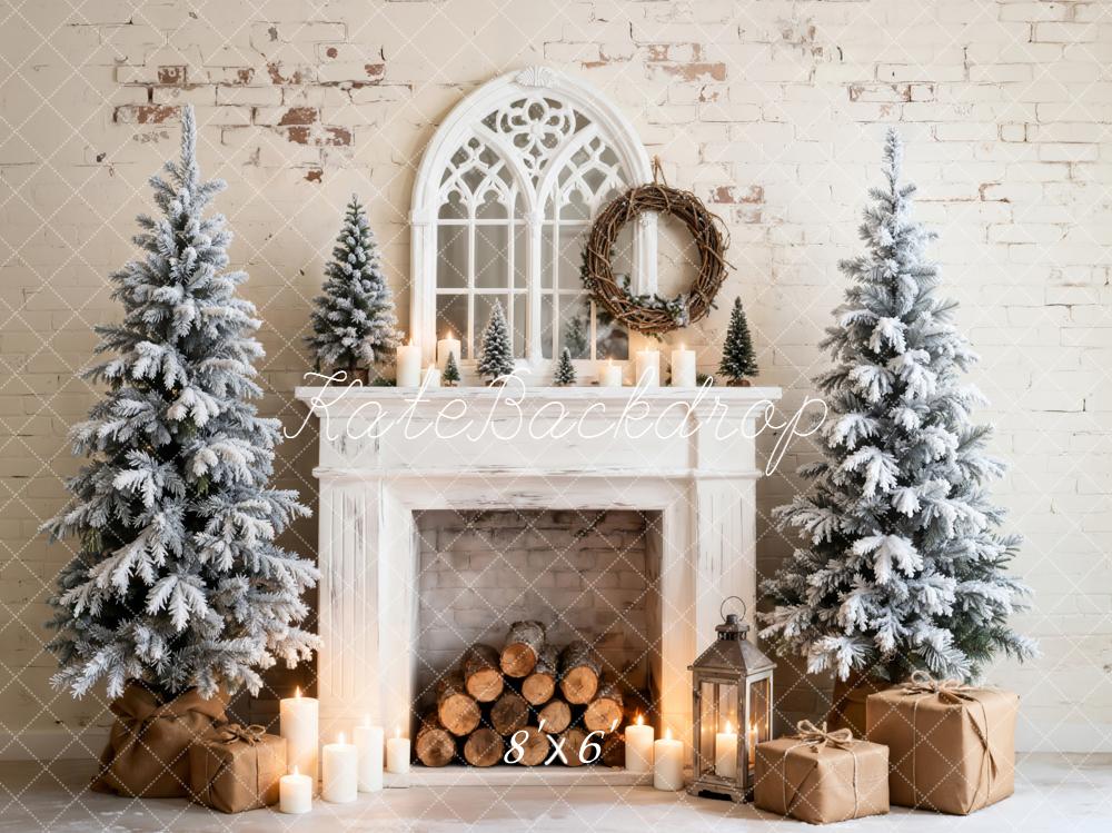 Kate Christmas Fireplace Snowy Trees Candles Fleece Backdrop Designed by Emetselch