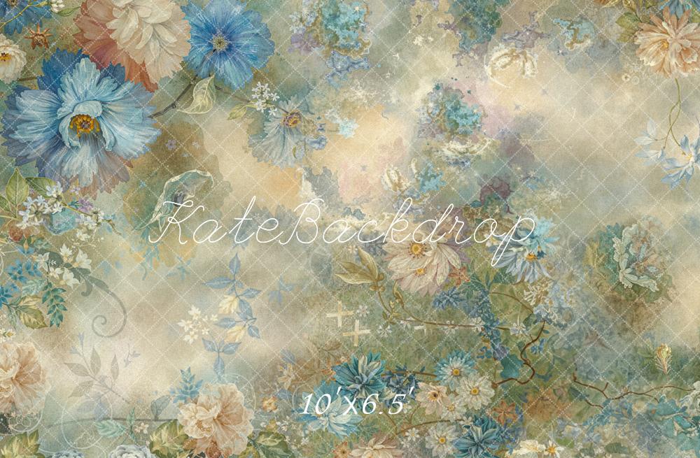 Kate Vintage Blue Beige Flowers Fleece Backdrop Designed by Emetselch -UK