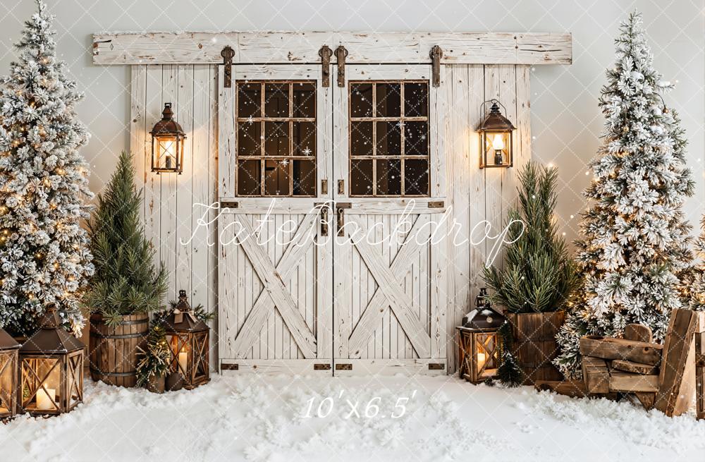 Kate Winter Barn Door Snow Lanterns Fleece Backdrop Designed by Emetselch