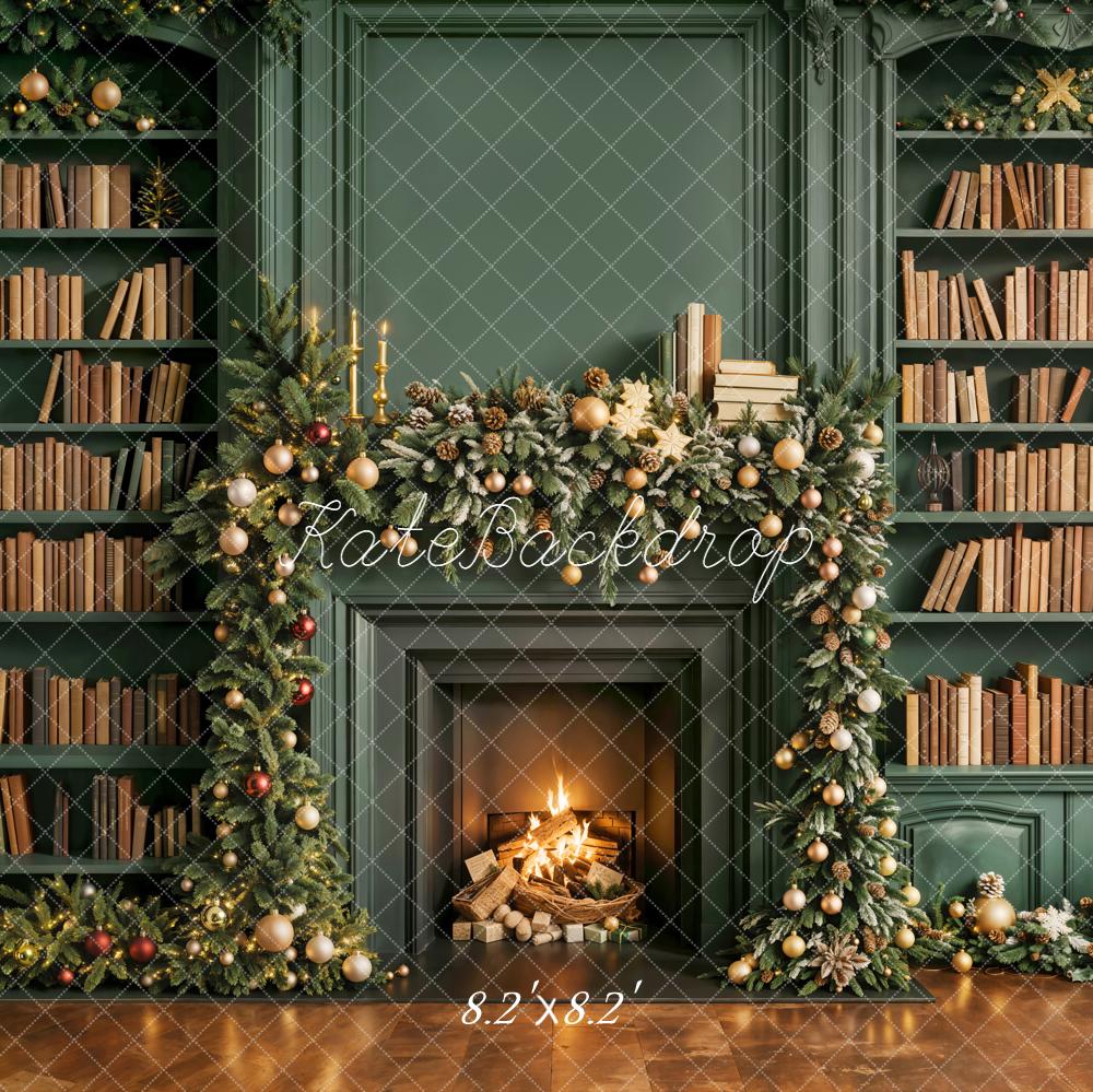 Kate Christmas Fireplace Bookshelves Garland Green Backdrop Designed by Emetselch -UK