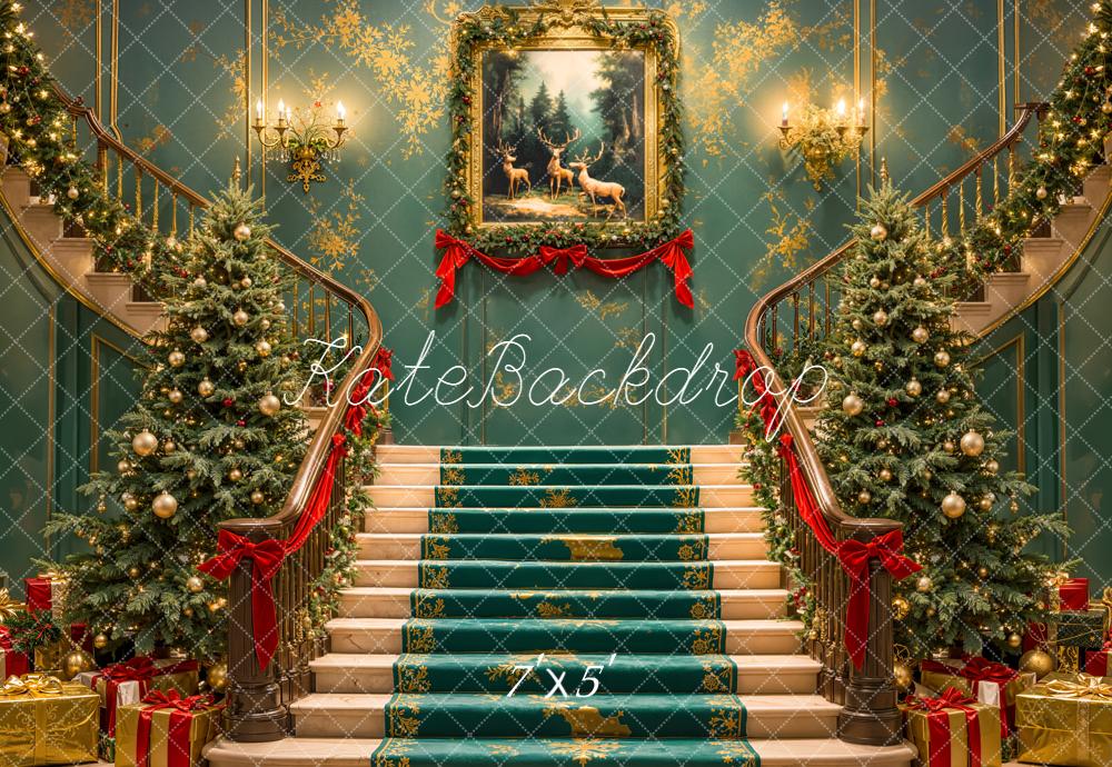 Kate Christmas Cascading Stairs Trees Gifts Backdrop Designed by Emetselch