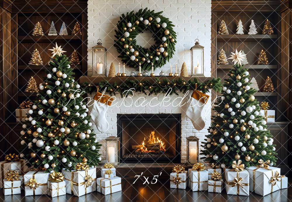 Kate Christmas Tree White Fireplace Gift Boxes Backdrop Designed by Mini MakeBelieve