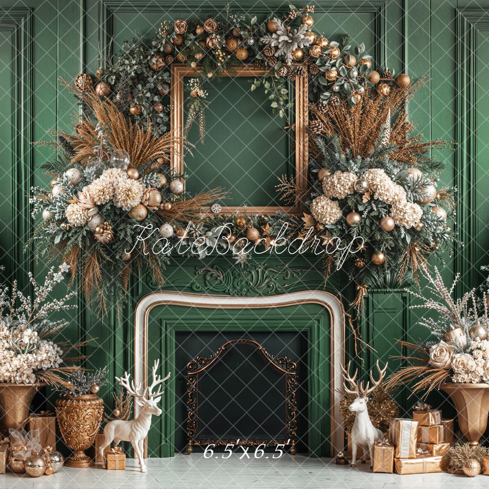 Kate Christmas Green Fireplace Decorations Backdrop Designed by Emetselch