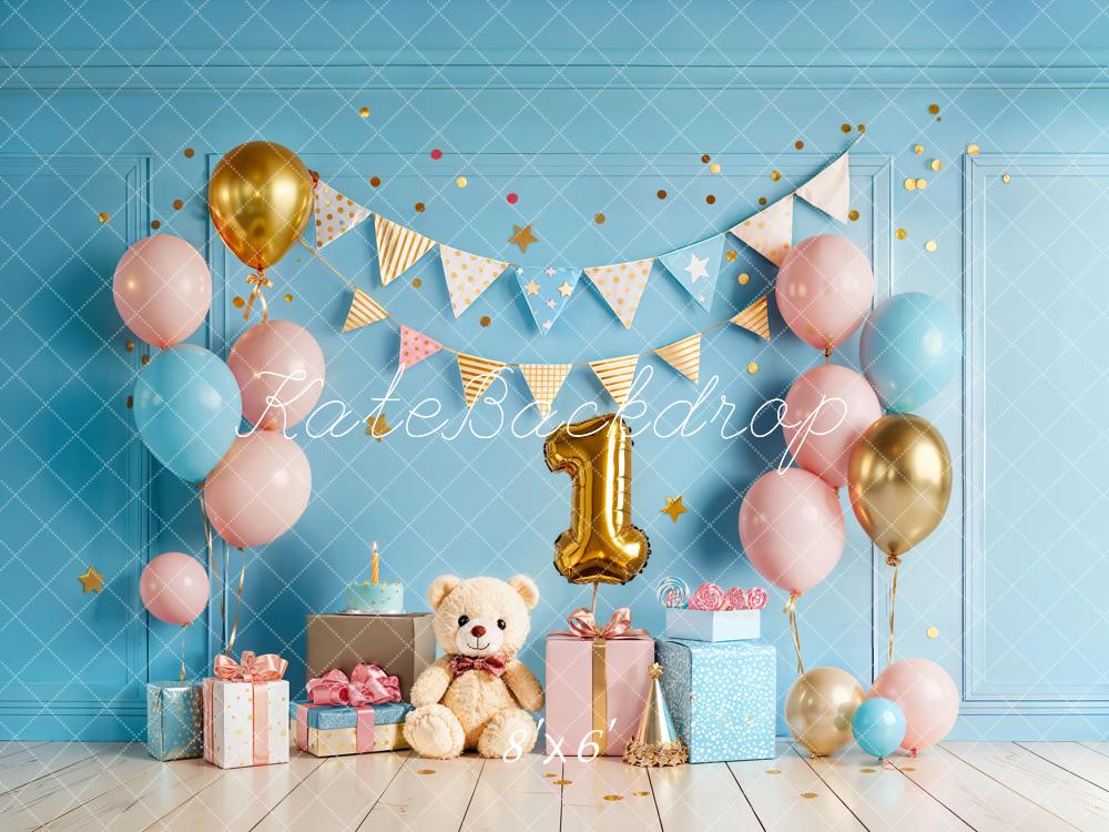 Kate 1st Birthday Blue Balloons Gift Backdrop Designed by Chain Photography