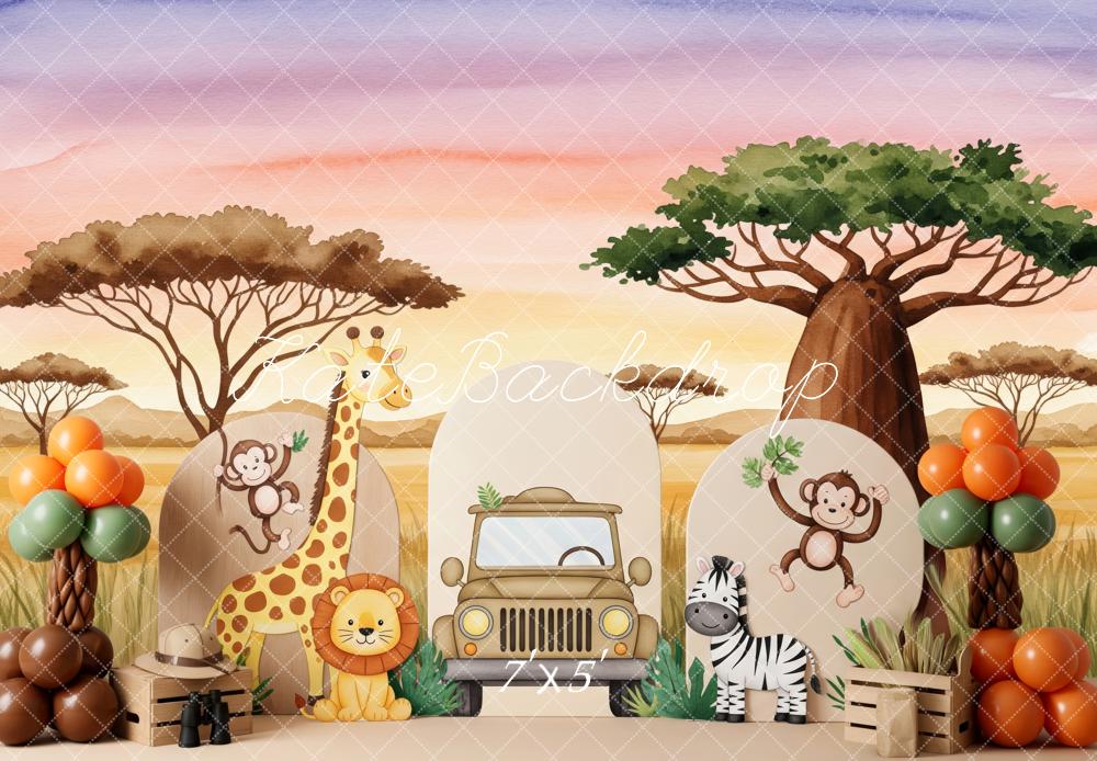 Kate Jungle Cartoon Animals Safari Trees Backdrop Designed by Patty Robert