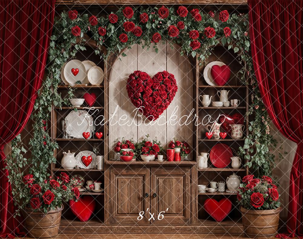 Kate Valentine Roses Heart Shelves Red Curtains Fleece Backdrop Designed by Emetselch