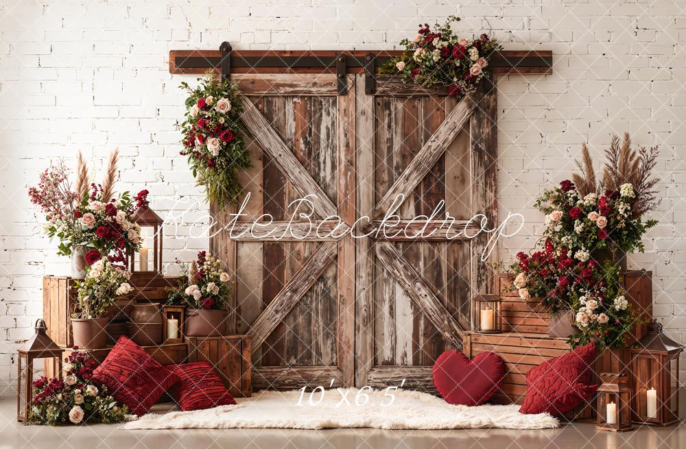 Kate Valentine Rustic Barn Door Red Floral Crate Backdrop Designed by Emetselch