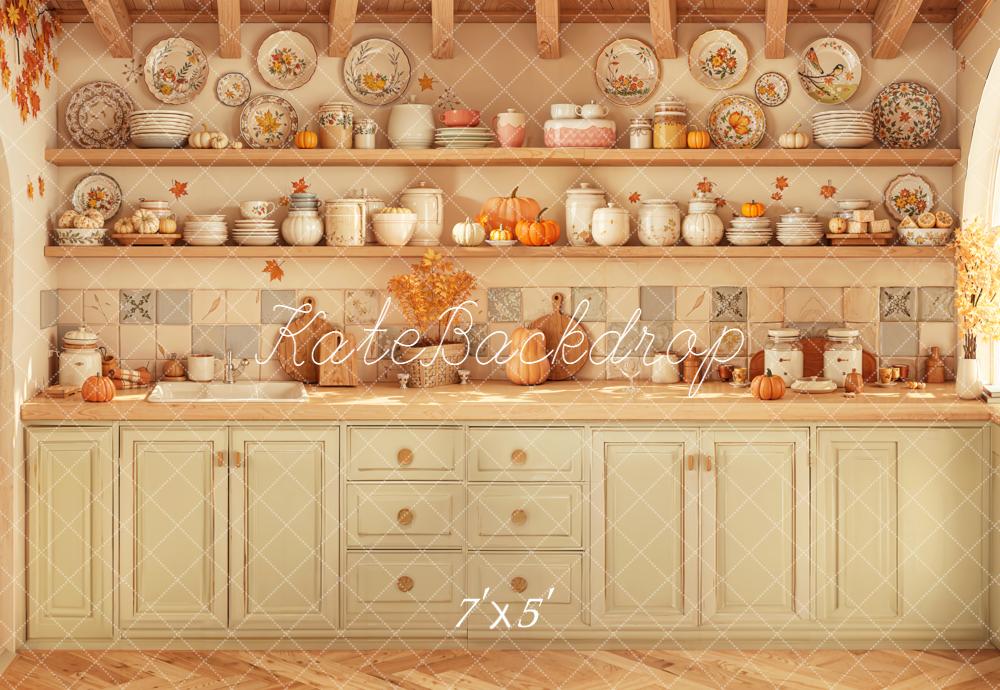 Kate Autumn Kitchen Shelves Pumpkins Backdrop Designed by Emetselch