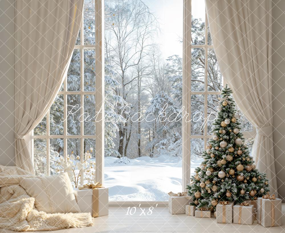 Kate Christmas Tree Snowy Window Fleece Backdrop Designed by Emetselch -UK