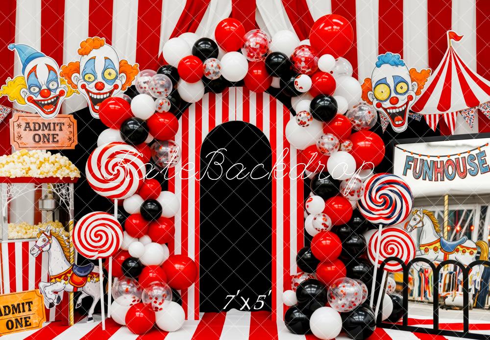 Kate Circus Clown Striped Balloons Funhouse Backdrop Designed by Patty Robert