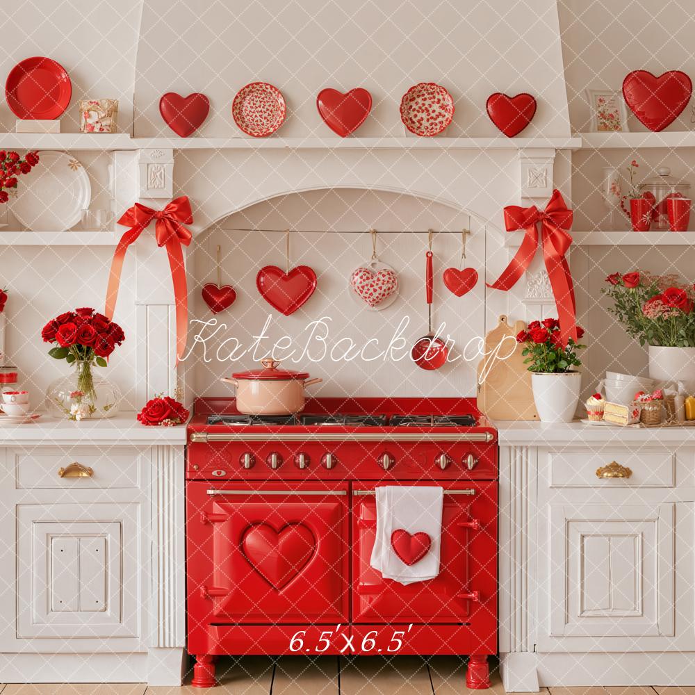 Kate Valentines Kitchen Red Stove Bows Hearts Backdrop Designed by Emetselch