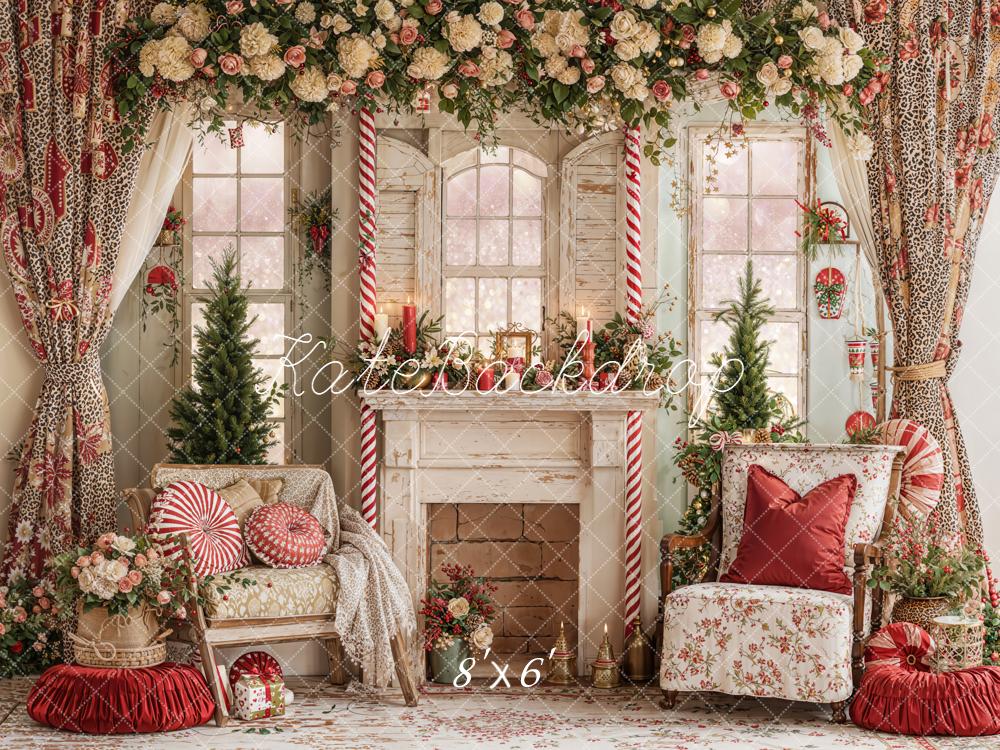 Kate Christmas Fireplace Floral Candy Cane Fleece Backdrop Designed by Emetselch -UK