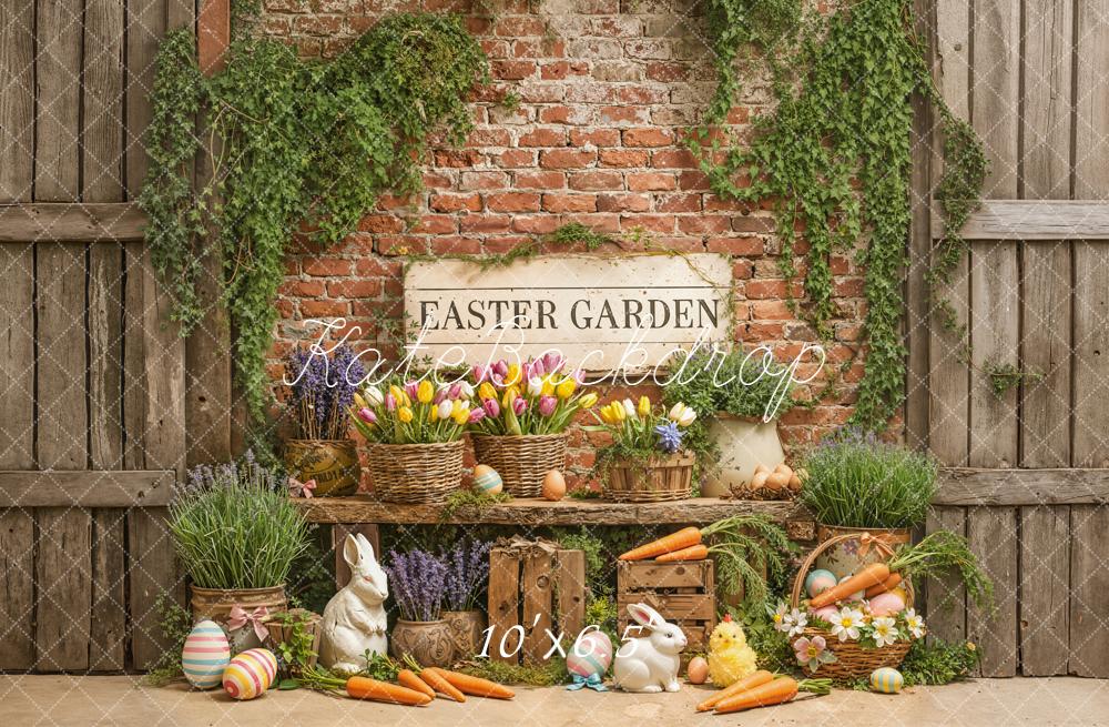Kate Easter Garden Brick Wall Carrots Bunnies Backdrop Designed by Emetselch -UK