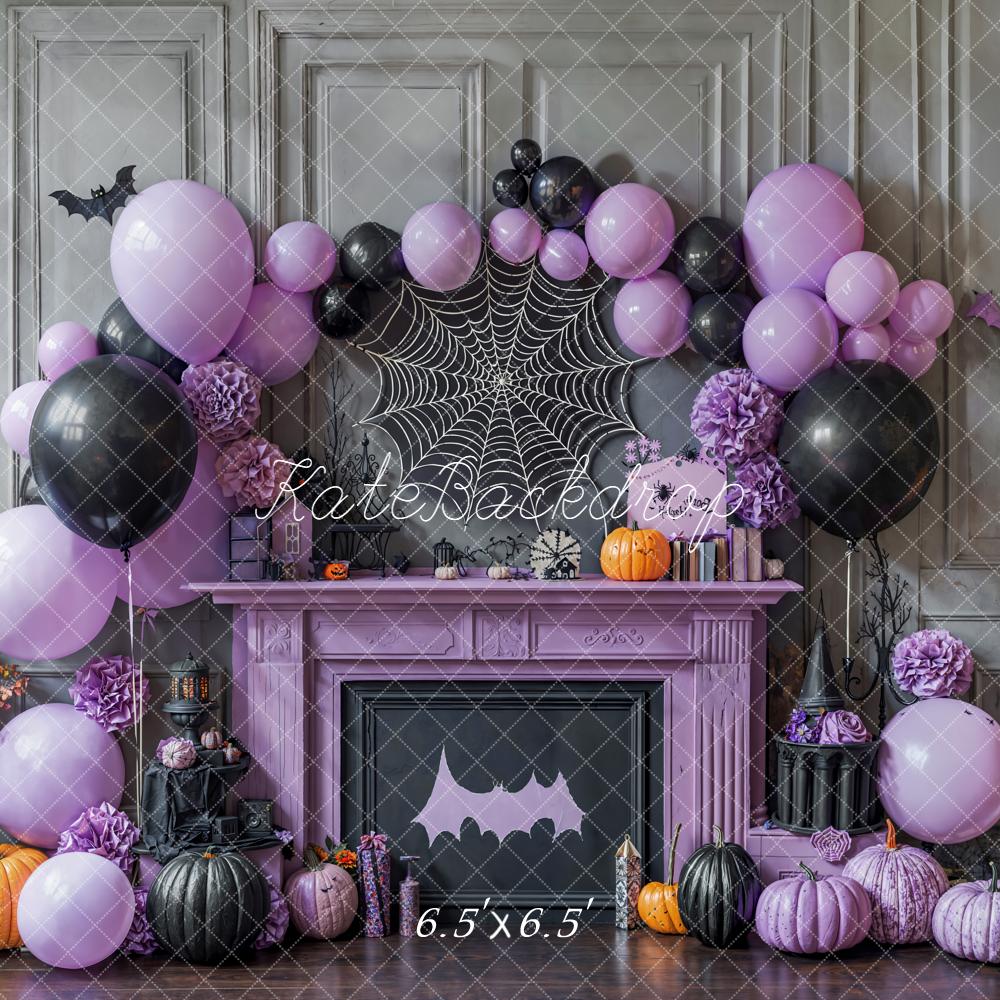 Kate Halloween Purple Balloons Spiderweb Fireplace Backdrop Designed by Emetselch -UK