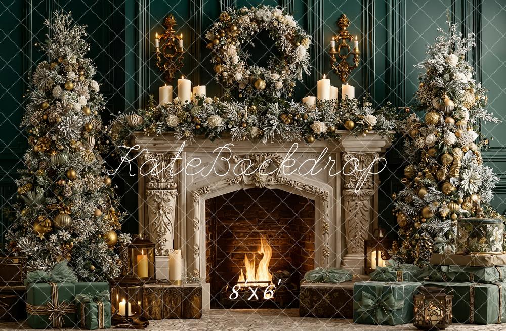 Kate Christmas Fireplace Garland Green Fleece Backdrop Designed by Emetselch