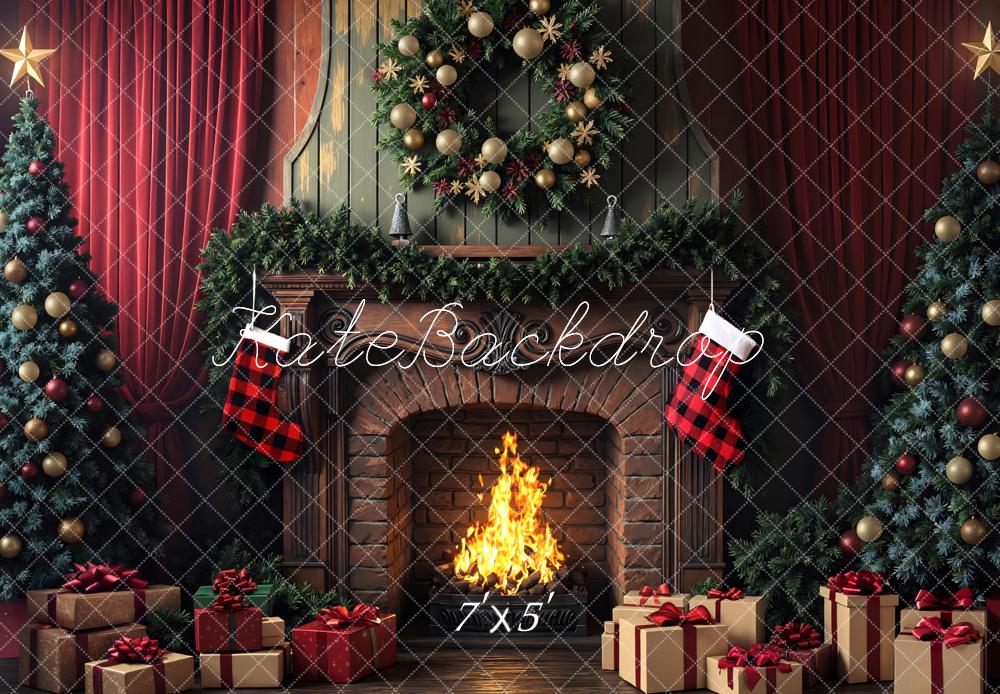 Kate Christmas Fireplace Wreath Stockings Trees Backdrop Designed by Mini MakeBelieve -UK