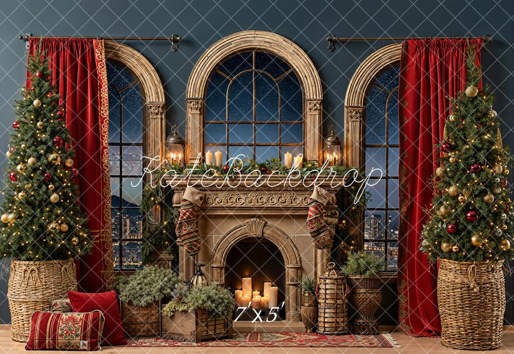 Kate Christmas Fireplace Windows Red Curtains Backdrop Designed by Emetselch