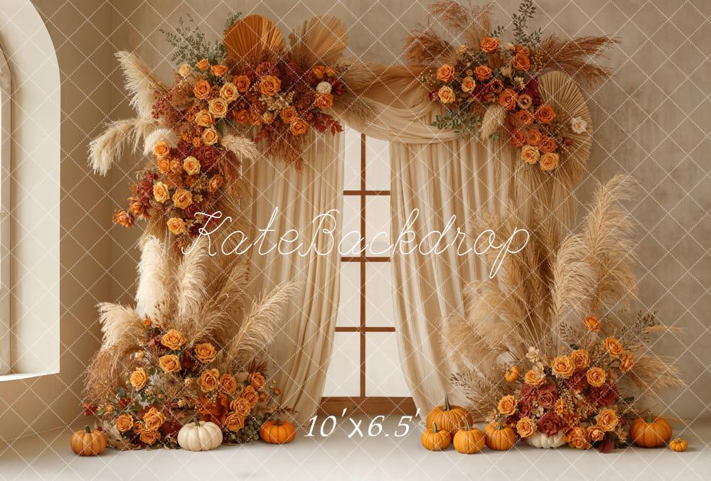 Kate Autumn Floral Arch Pumpkins Window Fleece Backdrop Designed by Emetselch -UK