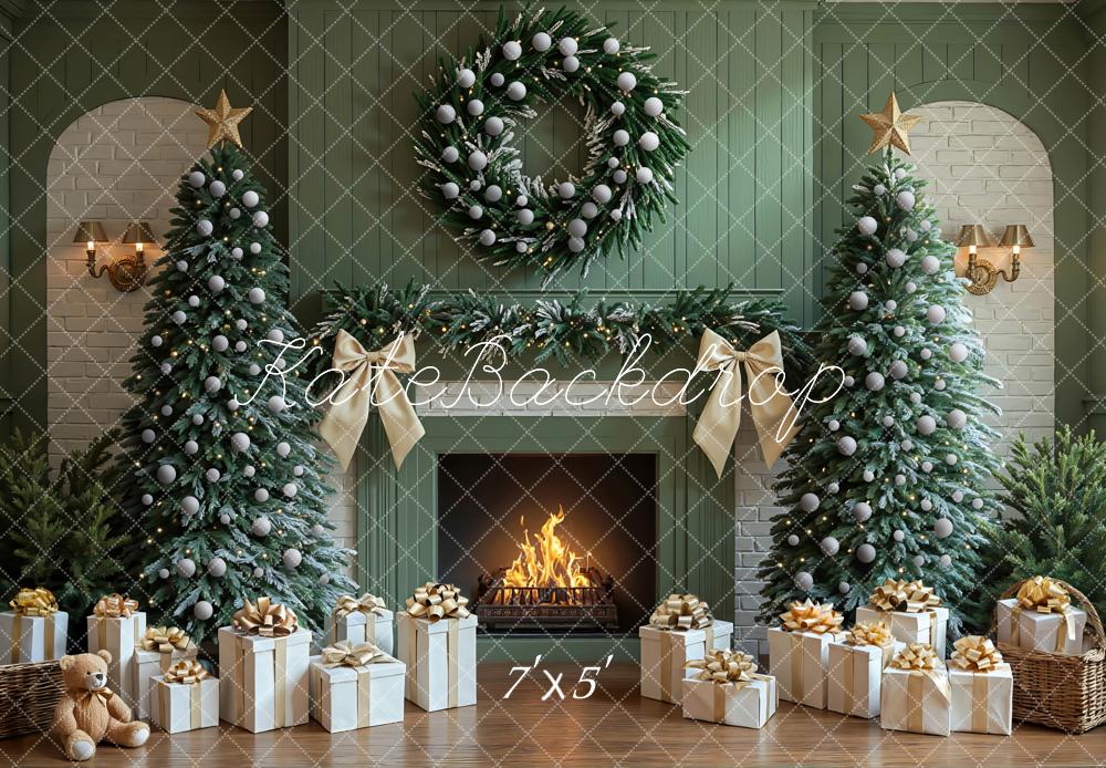 Kate Green Christmas Fireplace Trees Wreath Presents Backdrop Designed by Mini MakeBelieve -UK