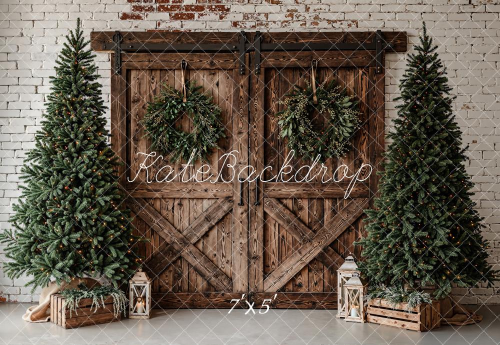 Kate Christmas Barn Door Wreath Trees Rustic Backdrop Designed by Emetselch -UK