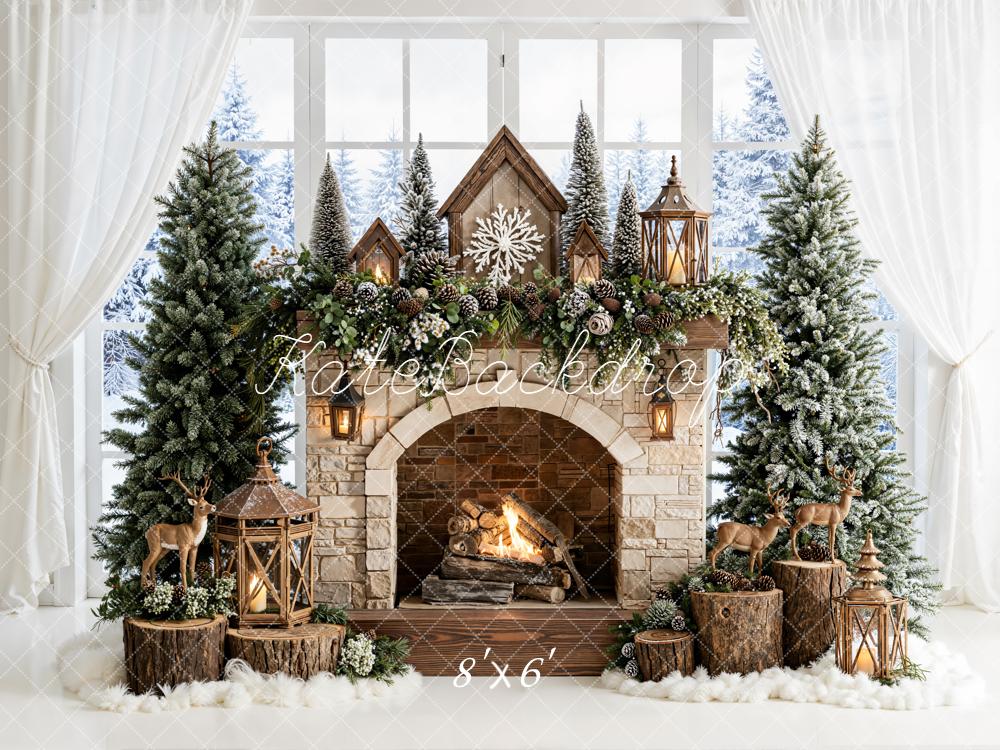 Kate Christmas Fireplace Trees Reindeer Backdrop Designed by Emetselch -UK