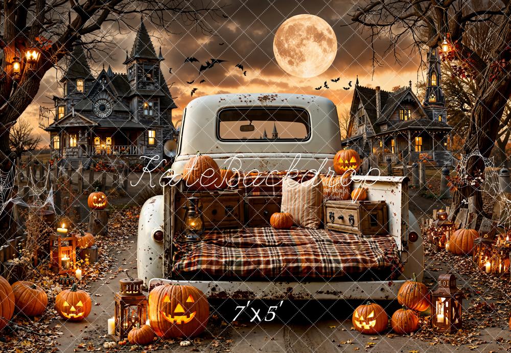 Kate Halloween Truck Pumpkins Haunted Houses Backdrop Designed by Emetselch -UK