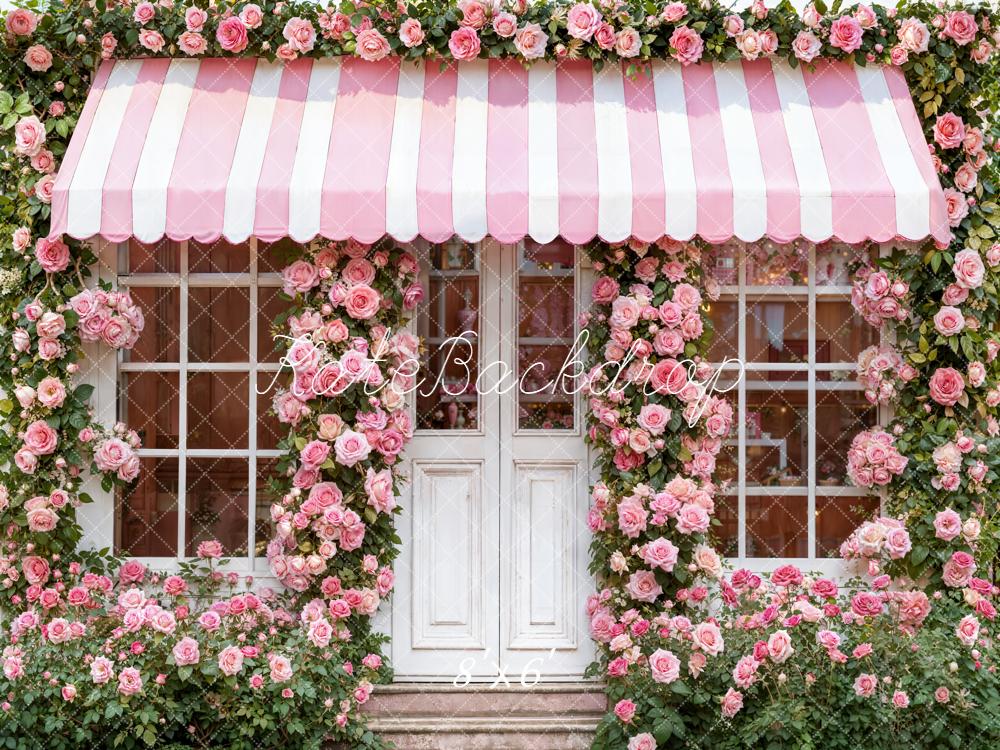 Kate Floral Pink Striped Awning Roses Fleece Backdrop Designed by Emetselch