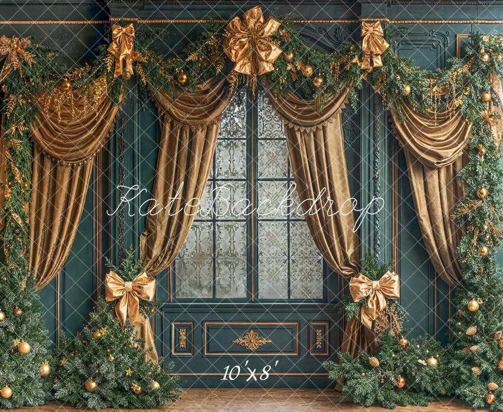 Kate Christmas Window Gold Drapes Garland Fleece Backdrop Designed by Emetselch -UK
