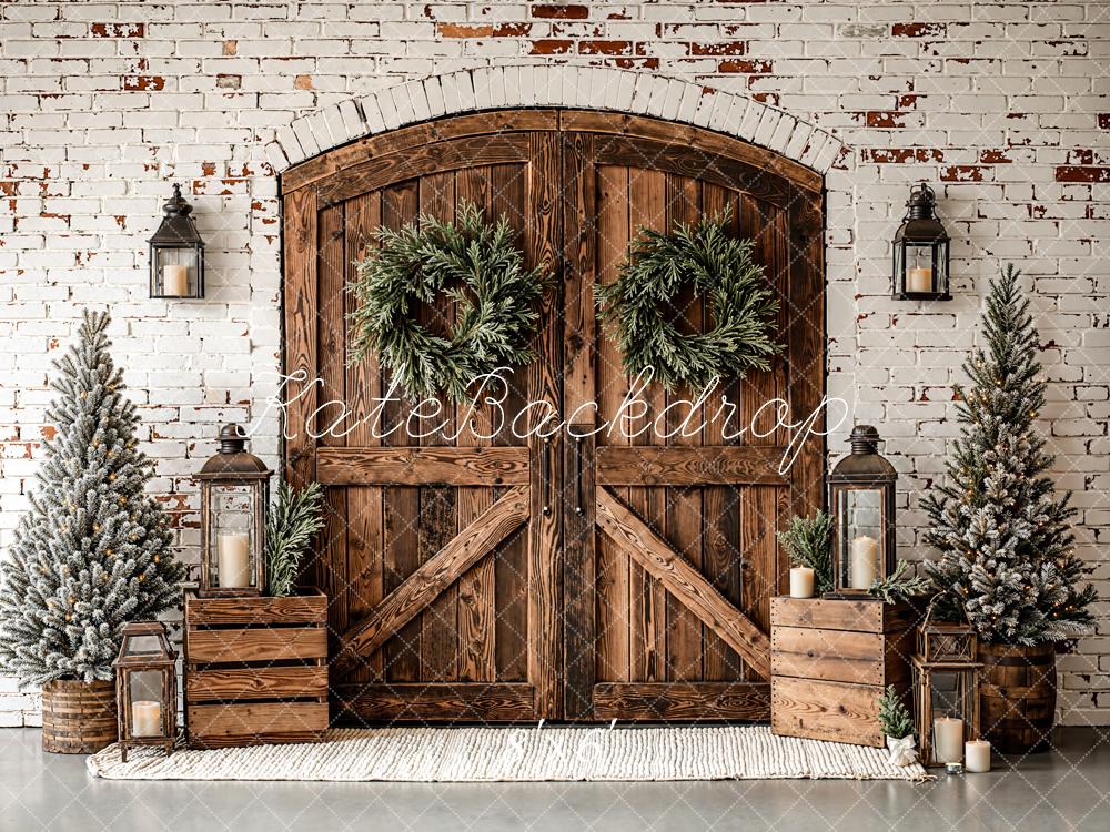 Kate Christmas Wooden Door Trees Fleece Backdrop Designed by Emetselch -UK