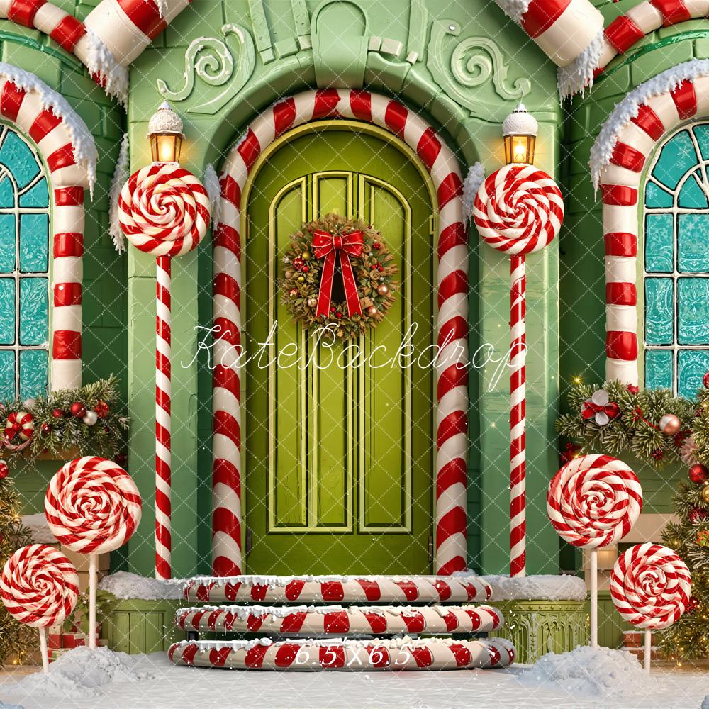Kate Christmas Candy Cane Lollipops Green House Backdrop Designed by Emetselch