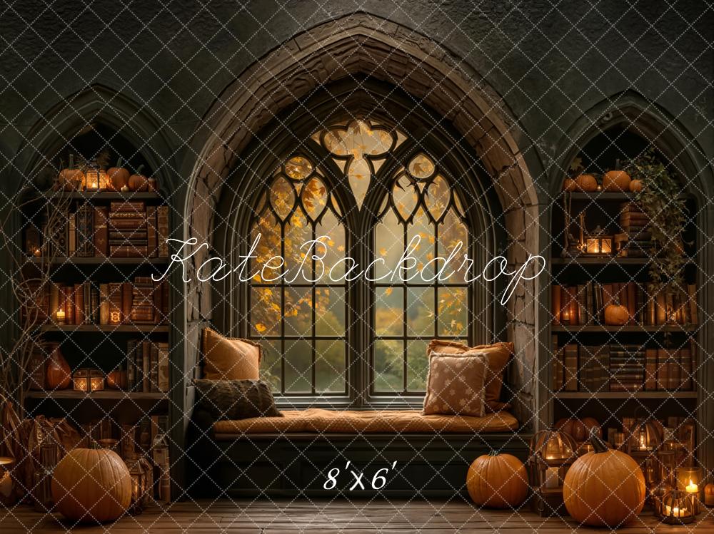 Kate Halloween Gothic Window Bookshelf Pumpkin Fleece Backdrop Designed by Emetselch -UK