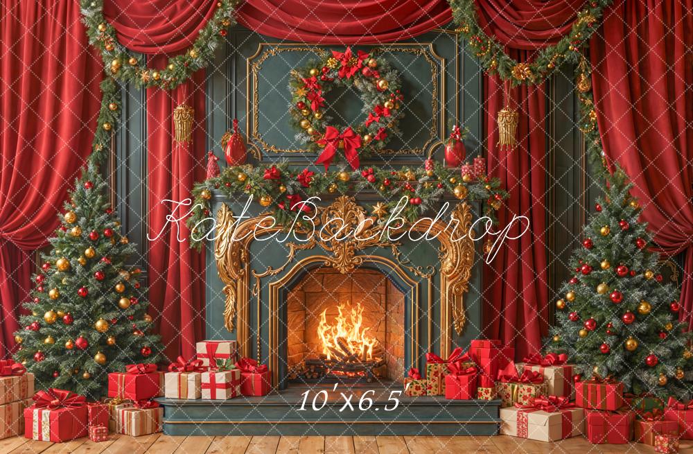 Kate Christmas Fireplace Tree Gifts Red Curtains Fleece Backdrop Designed by Emetselch