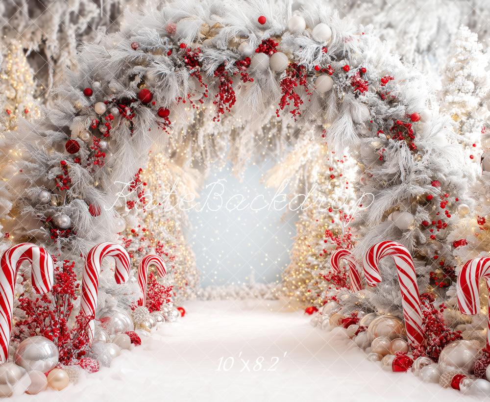 Kate Christmas Candy Cane Arch Snowy Trees Backdrop Designed by Patty Robert