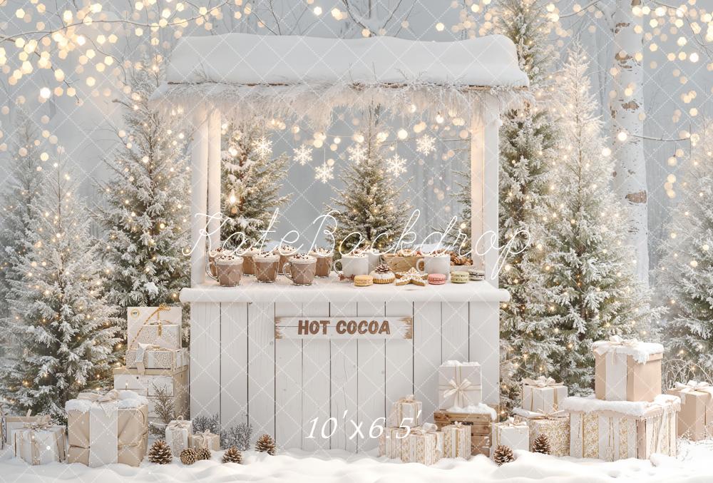 Kate Christmas Hot Cocoa Stand Snowy Trees Fleece Backdrop Designed by Emetselch