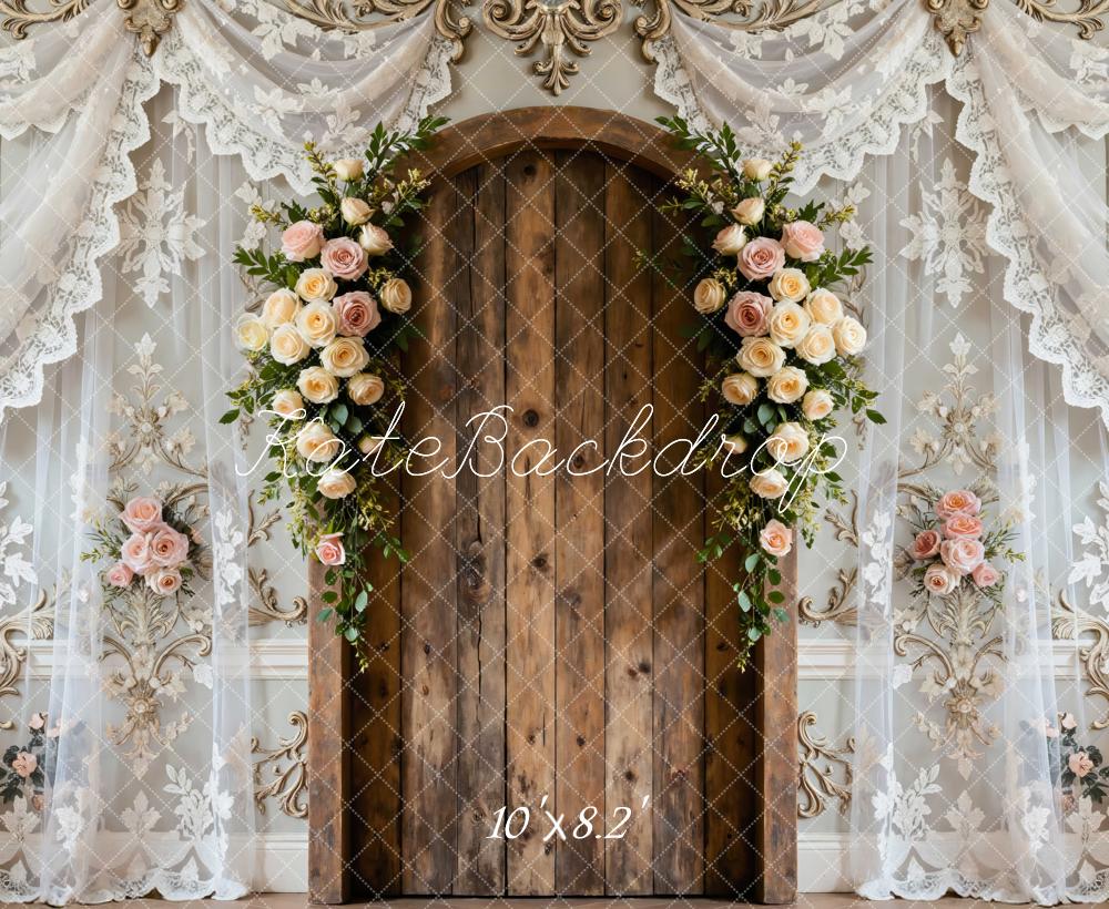 Kate Floral Arch Wooden Door Lace Curtains Backdrop Designed by Mini MakeBelieve -UK