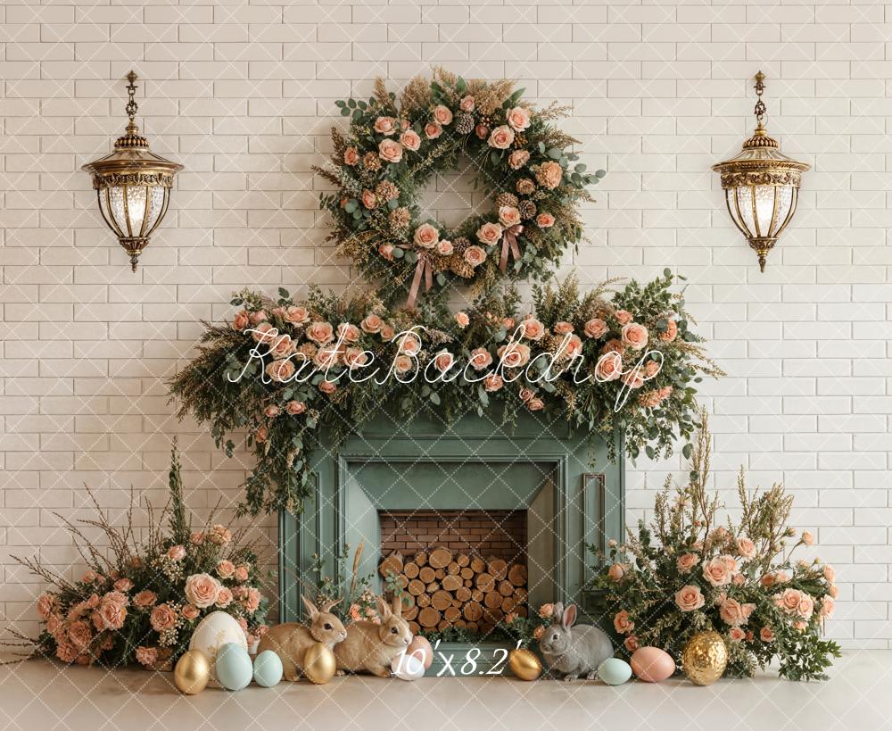 Kate Easter Bunny Floral Fireplace Pastel Eggs Backdrop Designed by Emstselch