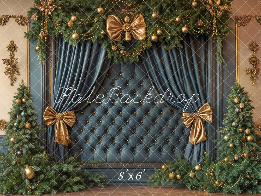 Kate Christmas Blue Headboard Gold Bows Fleece Backdrop Designed by Emetselch -UK
