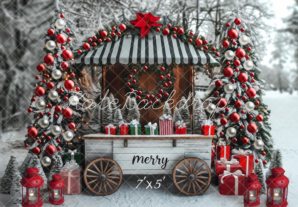Kate Christmas Cart Presents Snowy Trees Backdrop Designed by Mini MakeBelieve -UK