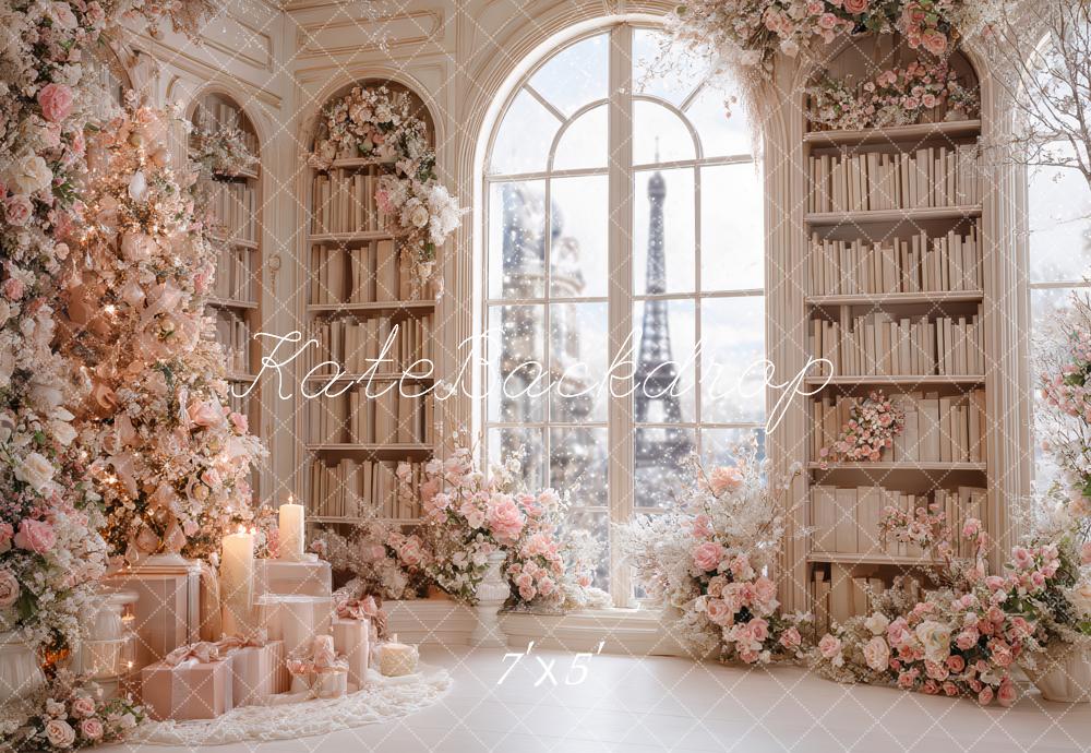 Kate Christmas Pink Floral Bookshelves Window Backdrop Designed by Ashley Paul