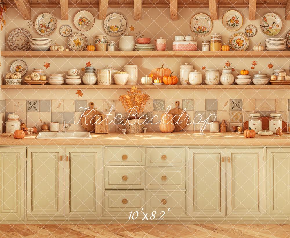 Kate Autumn Kitchen Pumpkins Shelves Fleece Backdrop Designed by Emetselch