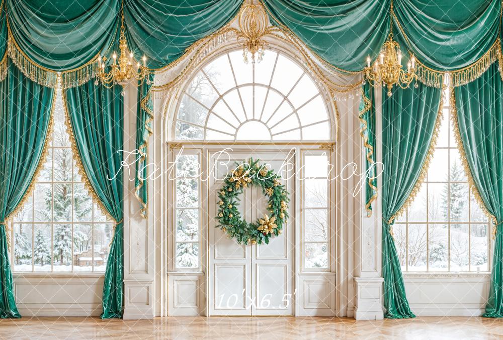 Kate Christmas Green Drape Wreath Window Fleece Backdrop Designed by Emetselch -UK