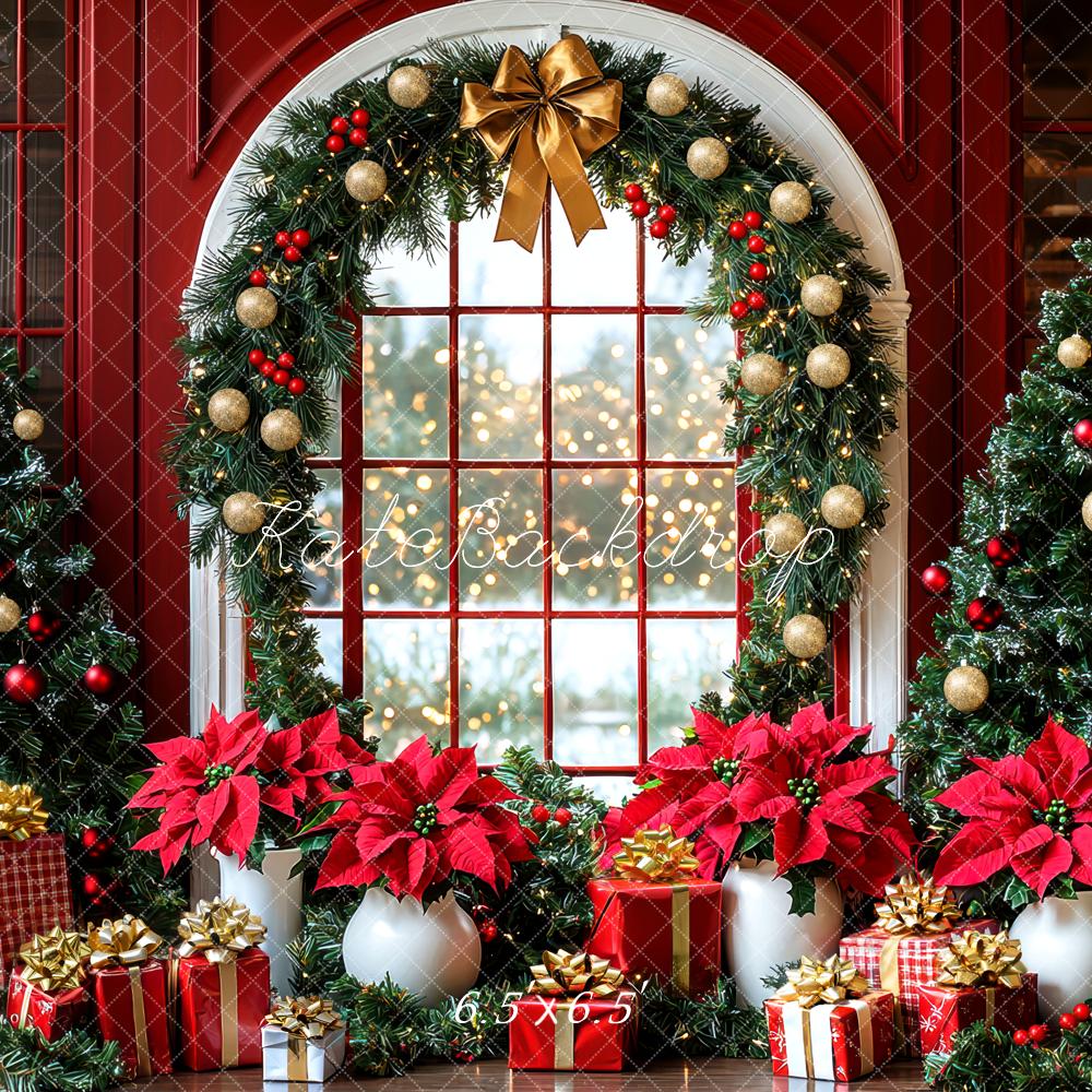 Kate Christmas Trees Garland Gifts Window Red Backdrop Designed by Mini MakeBelieve -UK