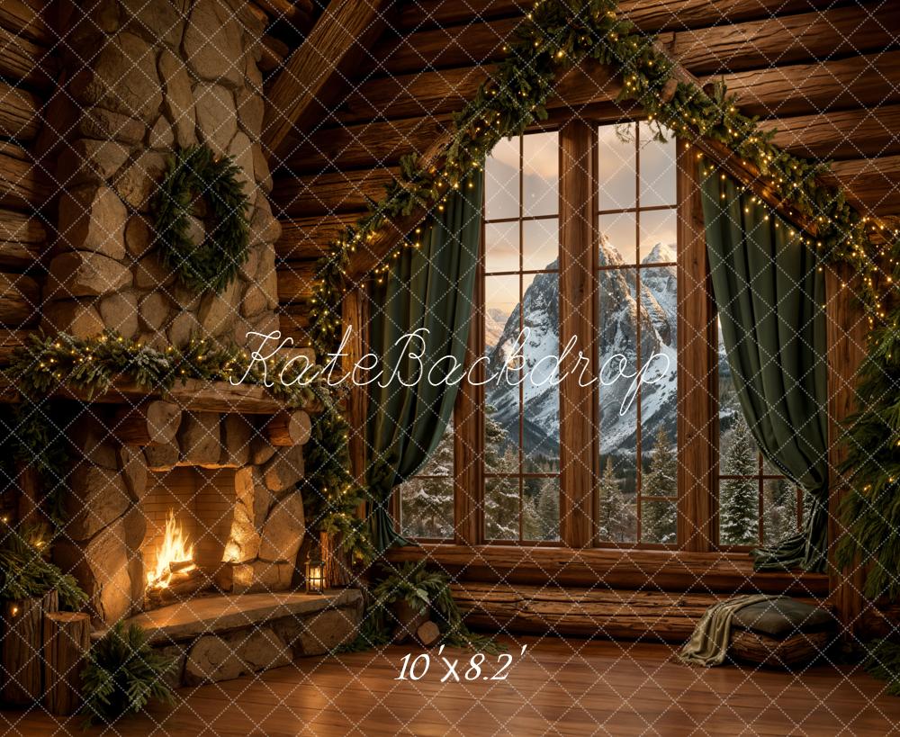 Kate Christmas Cabin Fireplace Mountain View Backdrop Designed by Emetselch -UK