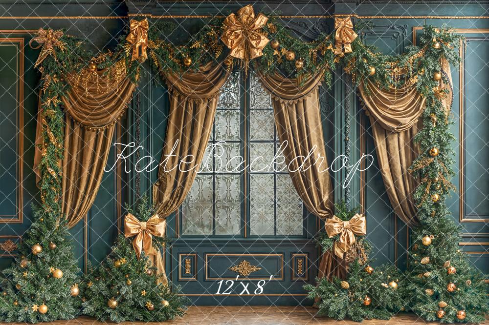 Kate Christmas Window Gold Drapes Garland Fleece Backdrop Designed by Emetselch -UK