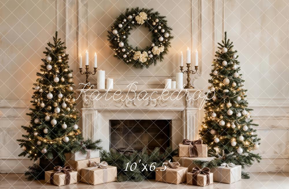 Kate Christmas Fireplace Trees Wreath Gifts Backdrop Designed by Emetselch