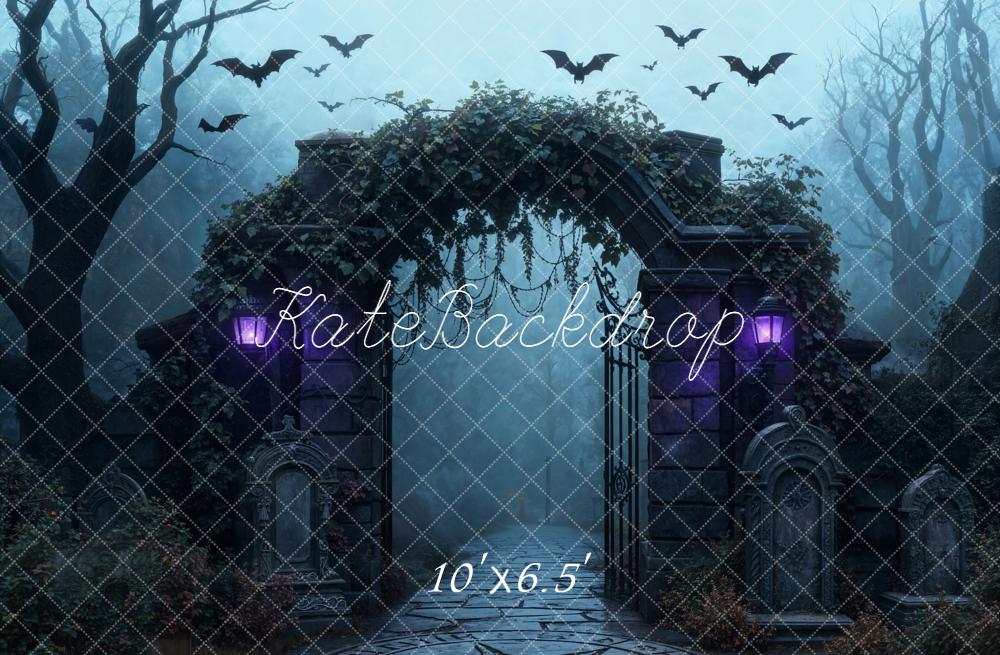 Kate Halloween Cemetery Arch Gate Bats Backdrop Designed by Emetselch