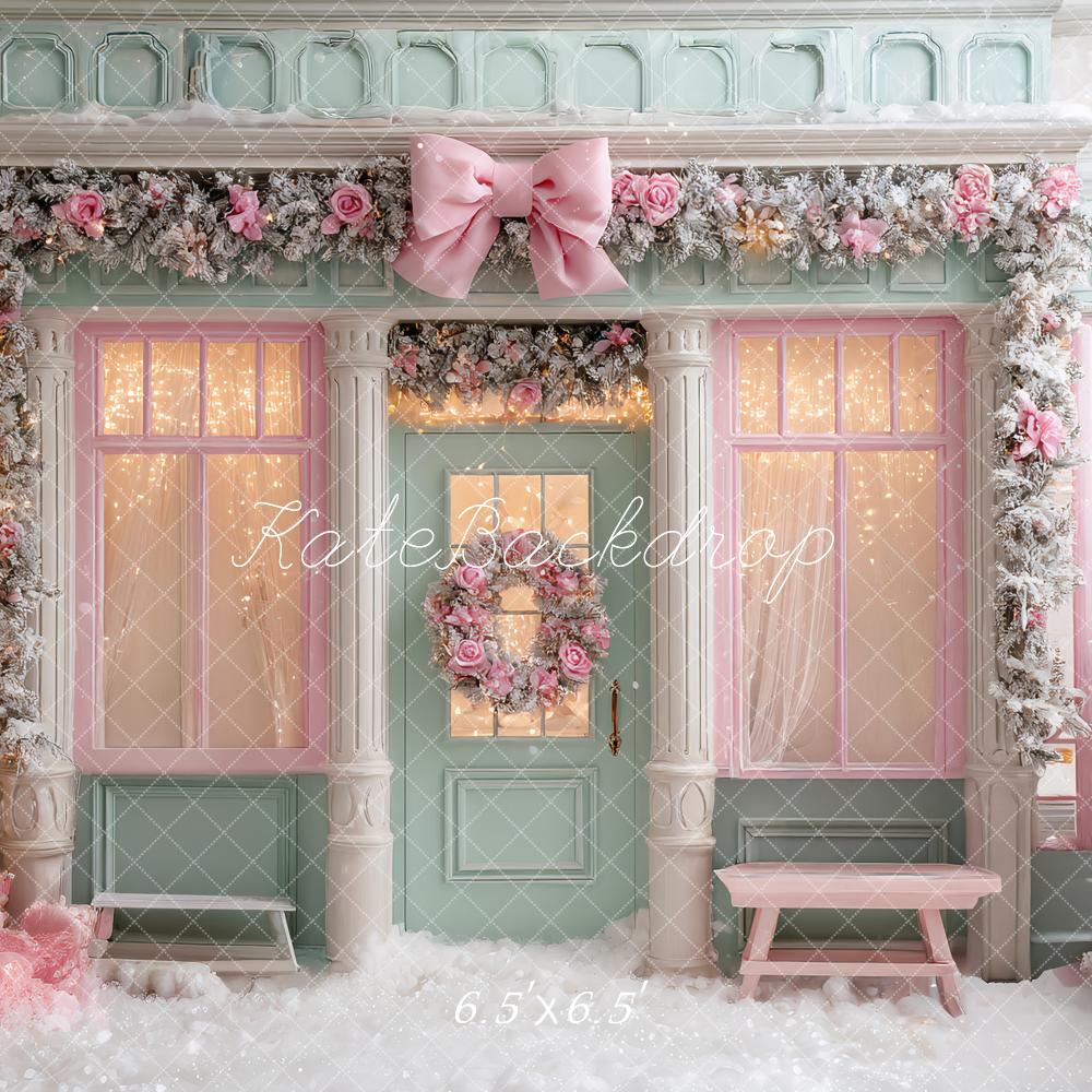Kate Christmas Pink Bow Garland Shop Front Backdrop Designed by Ashley Paul