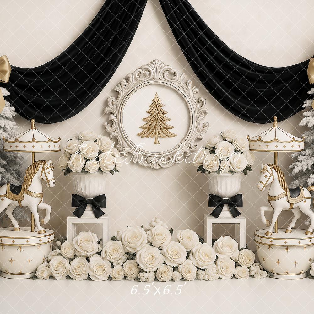 Kate Christmas Carousel Trees White Roses Backdrop Designed by Ashley Paul -UK