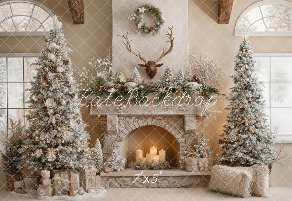 Kate Christmas Fireplace Trees Antlers Backdrop Designed by Emetselch